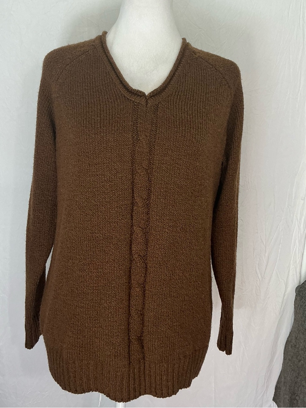 Laura Scott Chocolate Brown V-Neck Cable Knit Sweater
